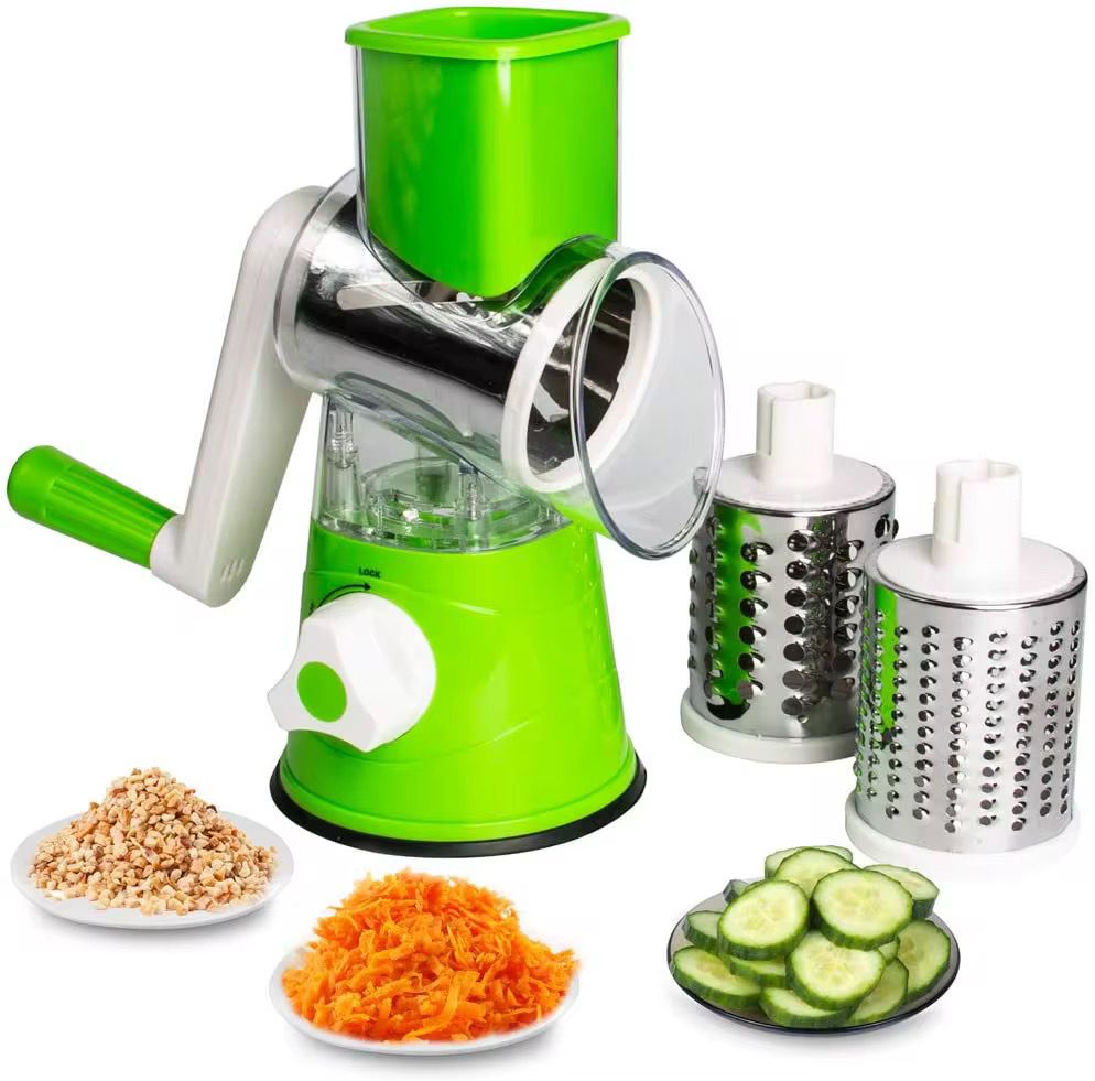 Râpe à Légumes Manuelle Rotative – 3 Tambours Inox Interchangeables