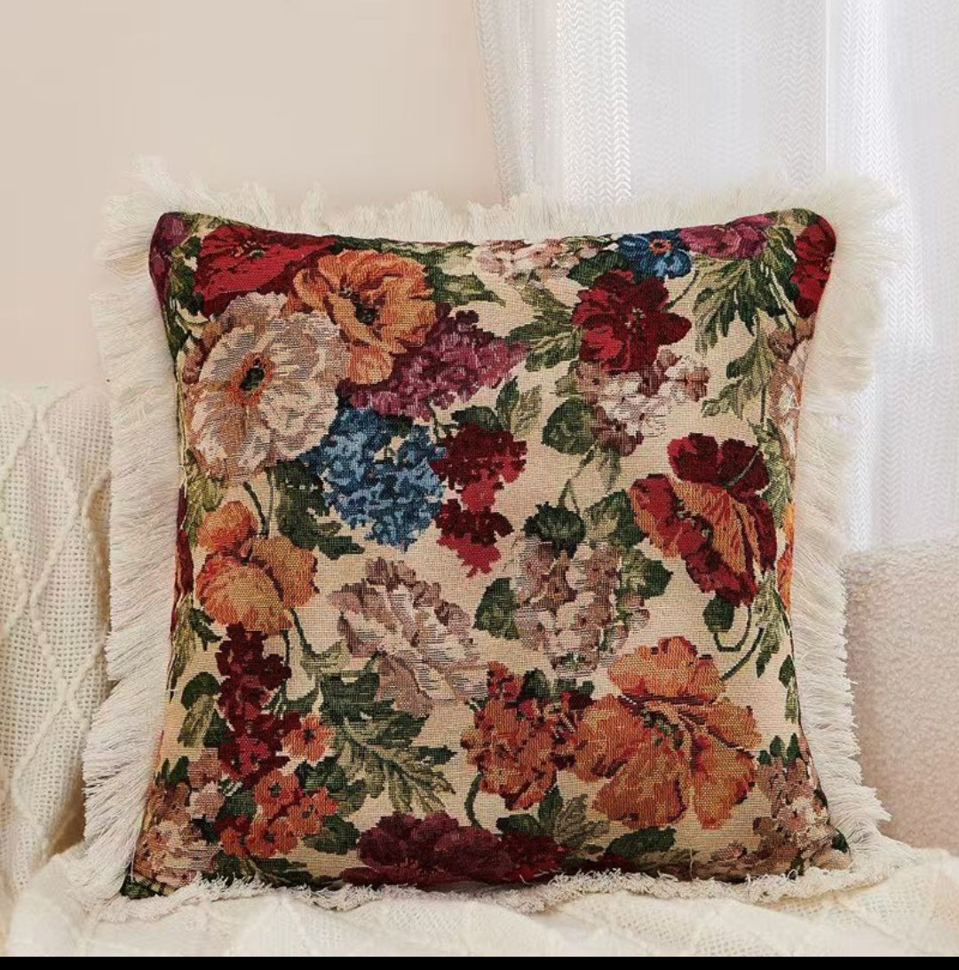 Housse de Coussin Jacquard Floral avec Franges – 4 Motifs (45x45 cm)