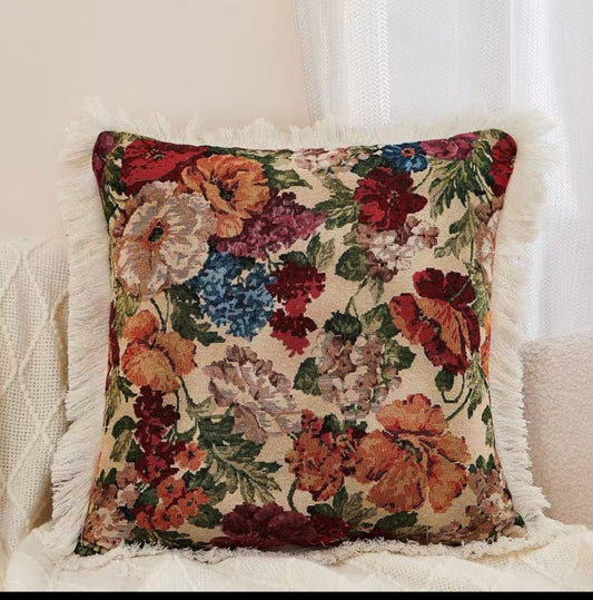 Housse de Coussin Jacquard Floral avec Franges – 4 Motifs (45x45 cm)