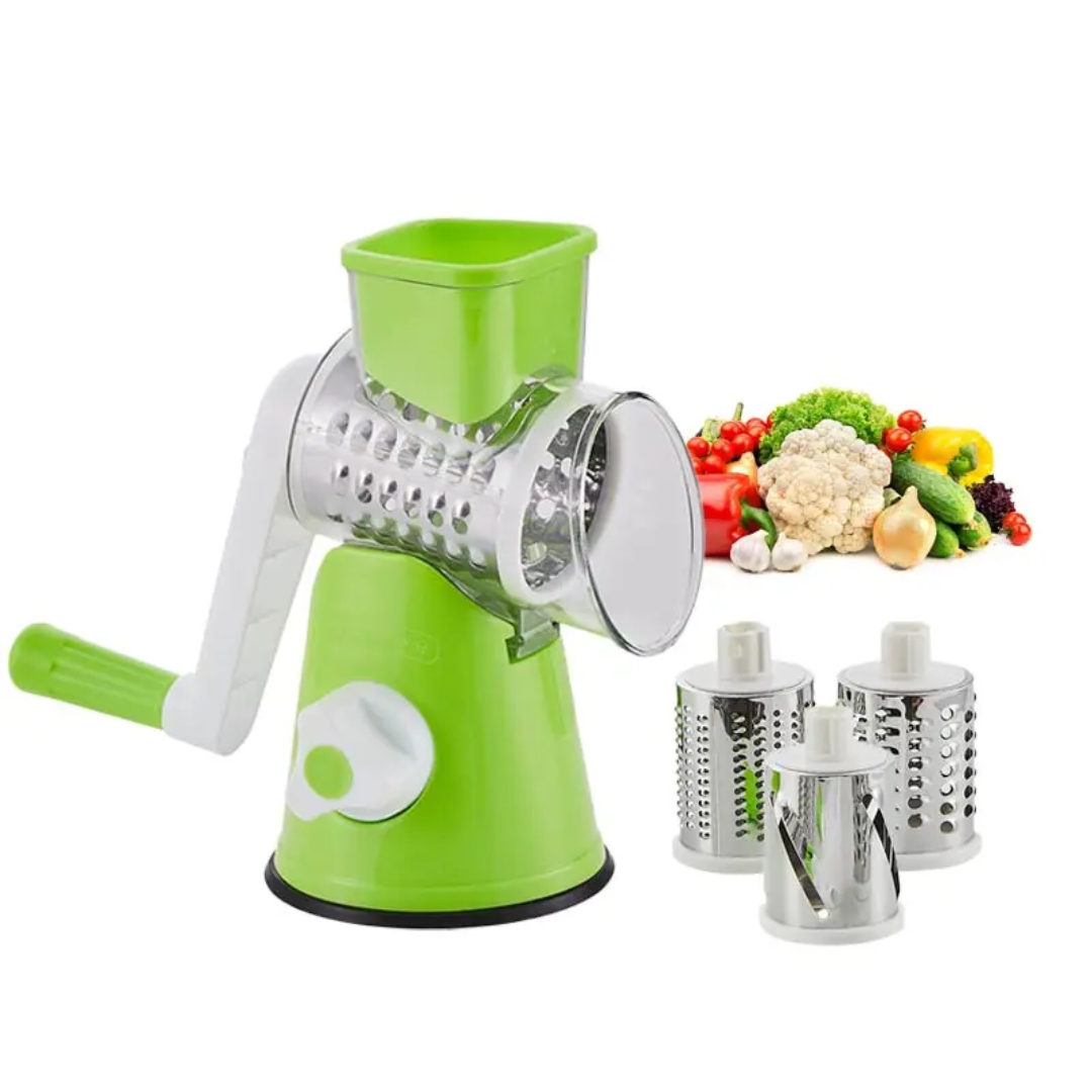 Râpe à Légumes Manuelle Rotative – 3 Tambours Inox Interchangeables