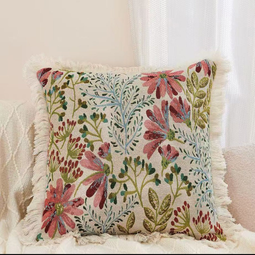 Housse de Coussin Jacquard Floral avec Franges – 4 Motifs (45x45 cm)
