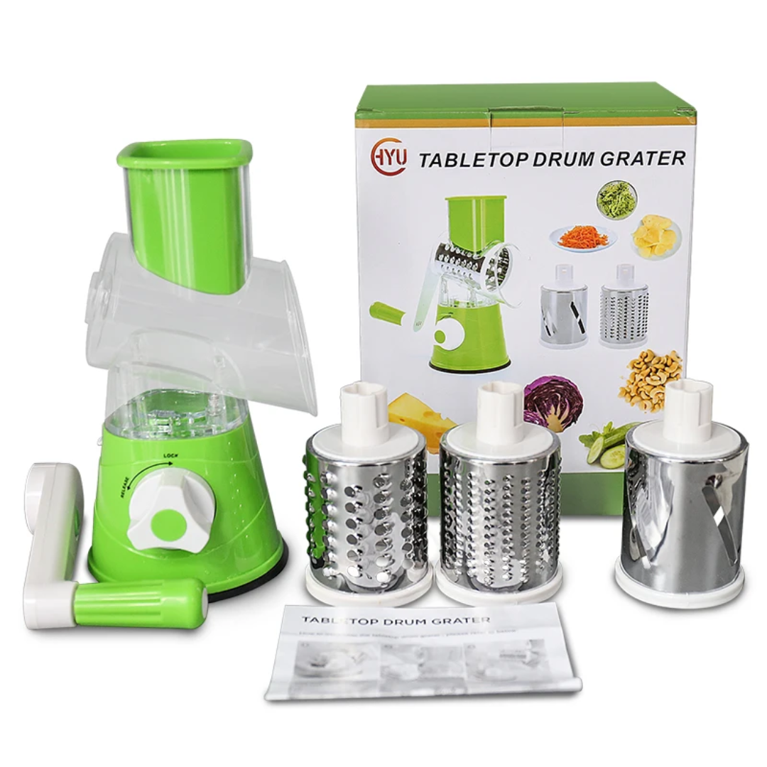 Râpe à Légumes Manuelle Rotative – 3 Tambours Inox Interchangeables