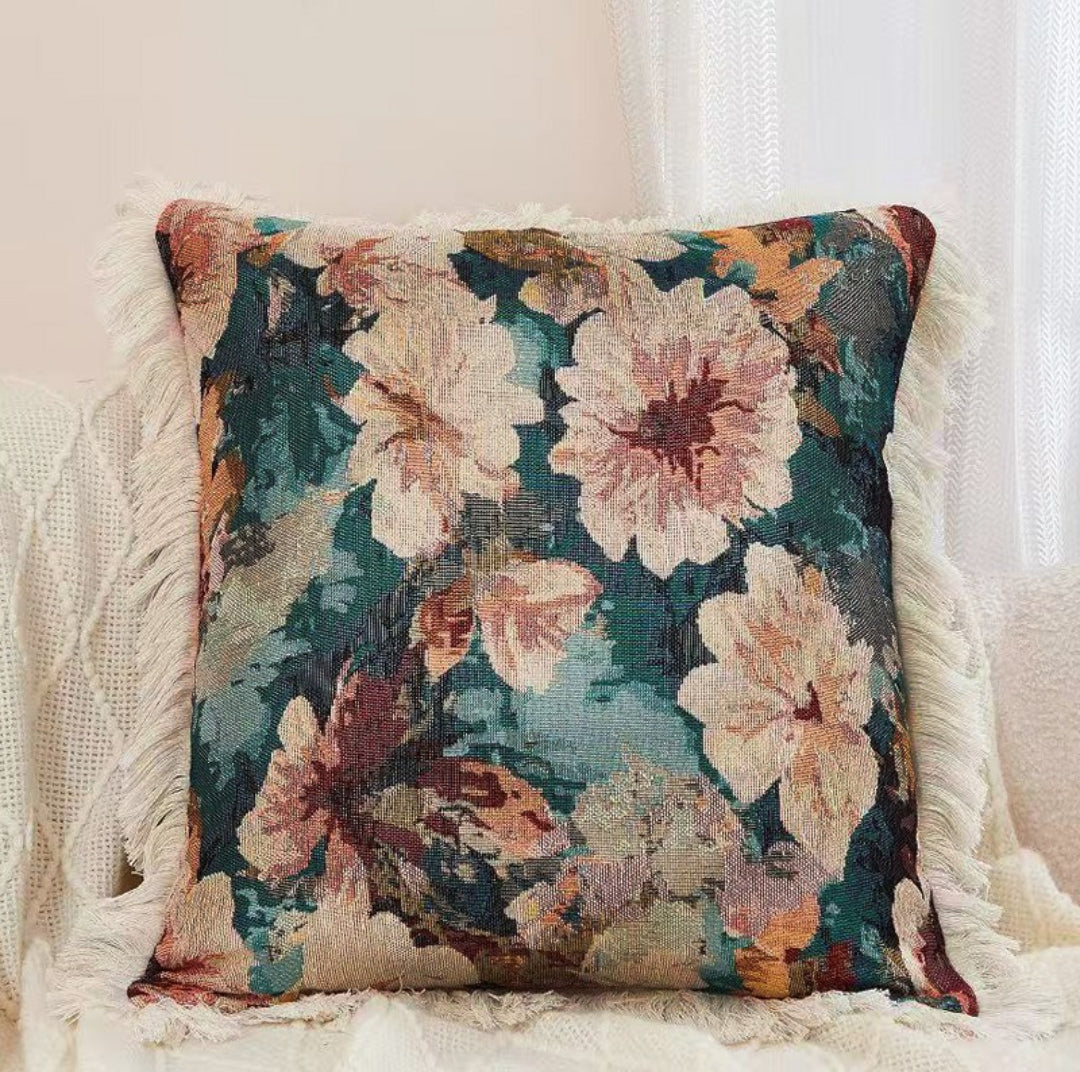 Housse de Coussin Jacquard Floral avec Franges – 4 Motifs (45x45 cm)