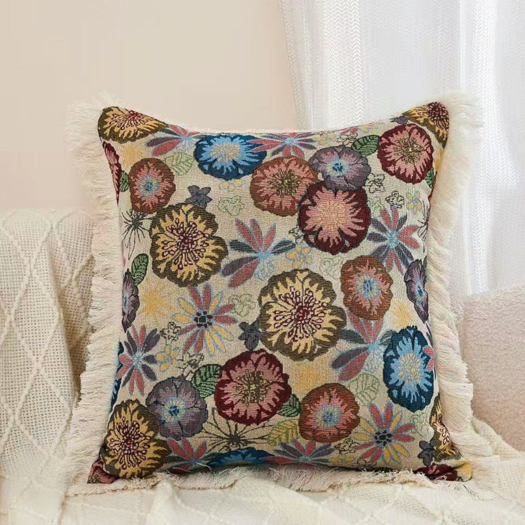 Housse de Coussin Jacquard Floral avec Franges – 4 Motifs (45x45 cm)